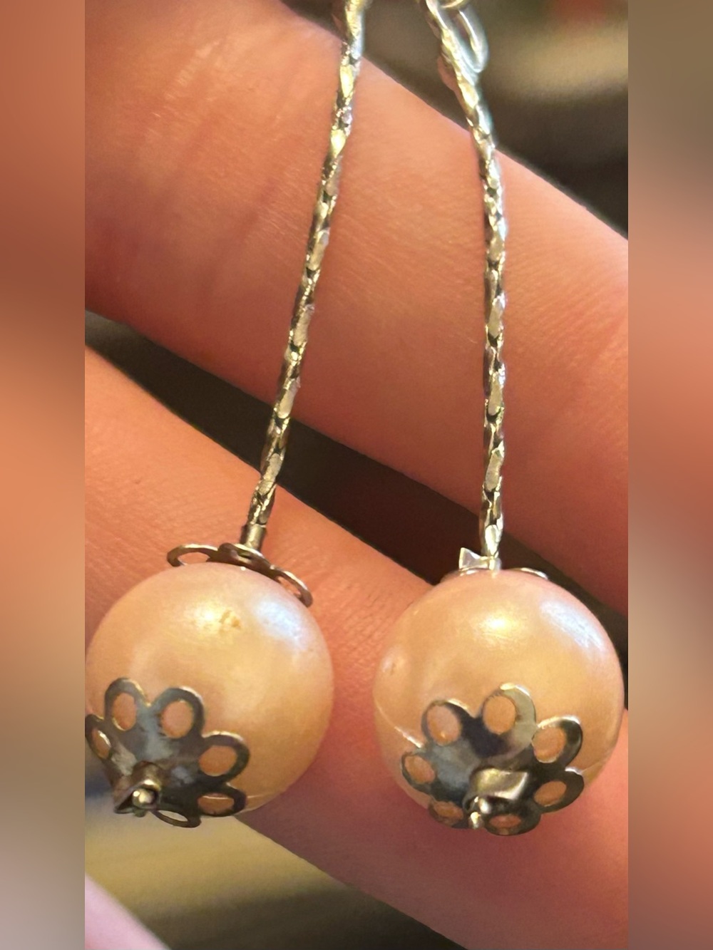 Vintage Murano Style Pink Faux Pearl Beaded Dangle Earrings Silver Tone - Picture 7 of 8